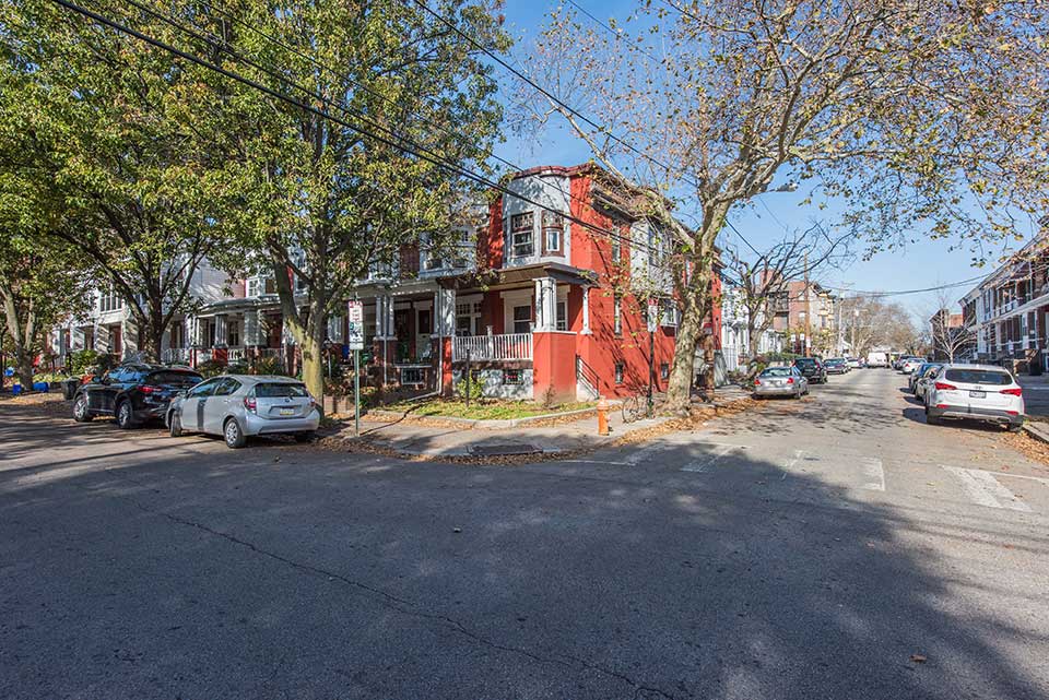 Neighborhood of row houses in Spruce Hill, Philadelphia, PA