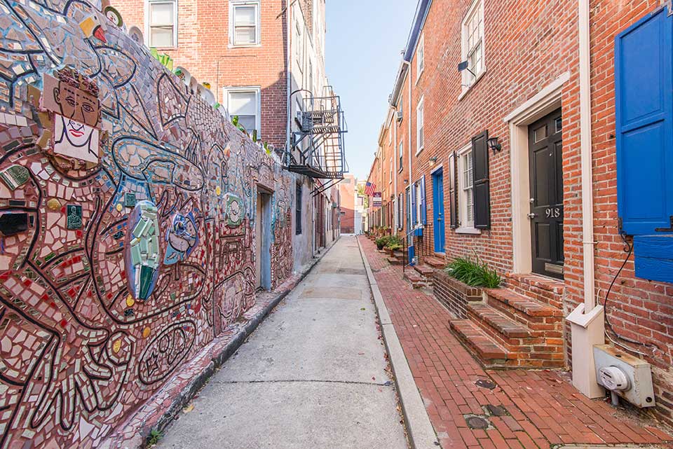 Tiled mural in an alley in Washington Square West, Philadelphia, PA
