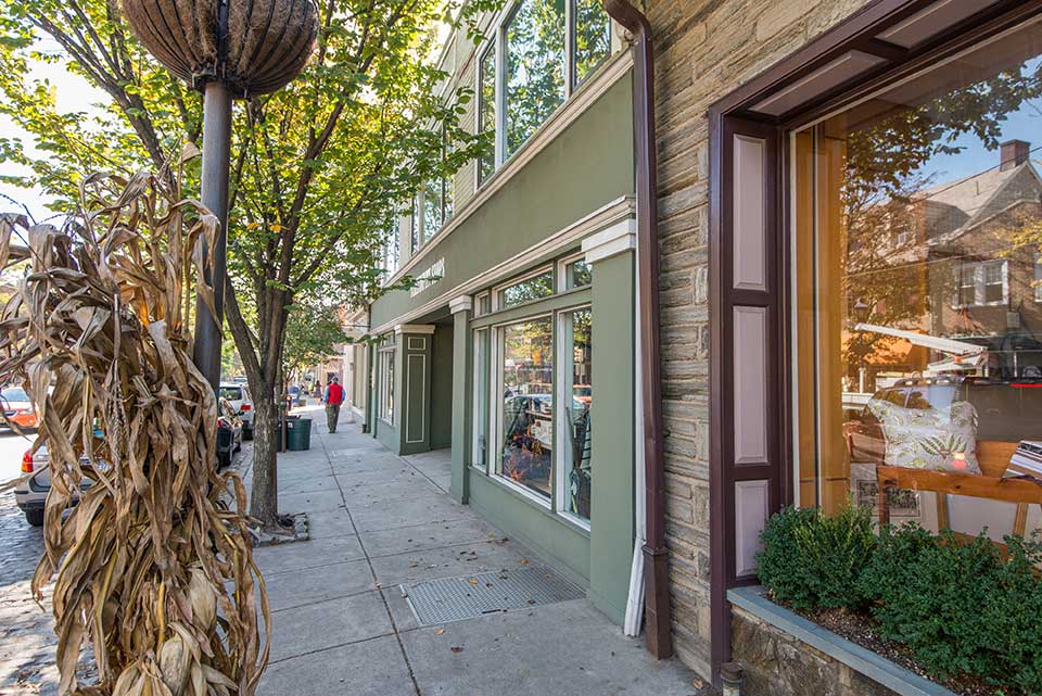 Street with shops in Chestnut Hill, Philadelphia, PA
