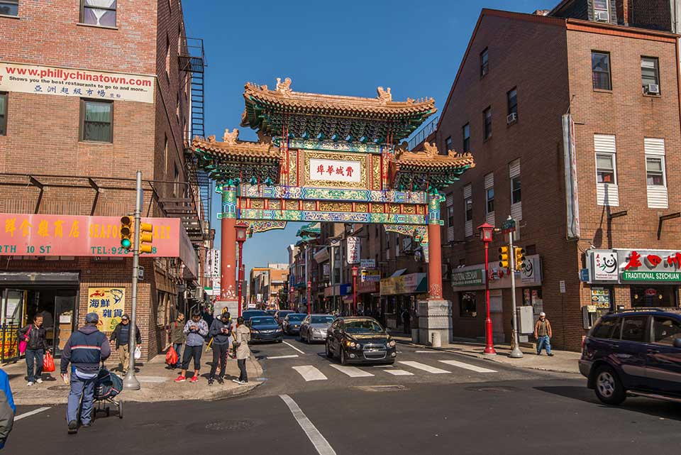 Pagoda between two buildings in Chinatown, Philadelphia, PA