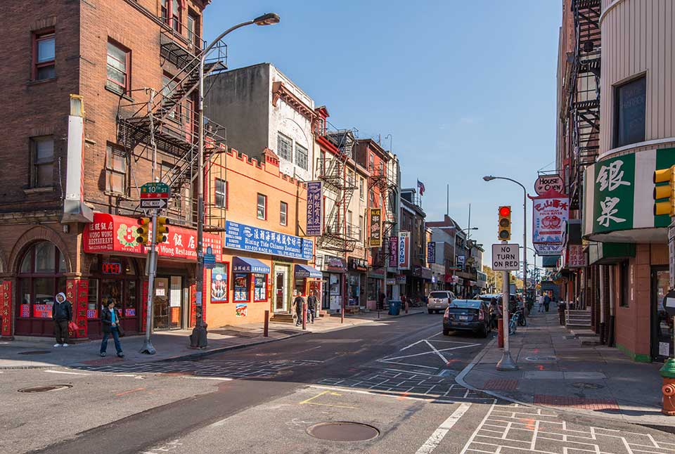 Street with businesses in Chinatown, Philadelphia, PA