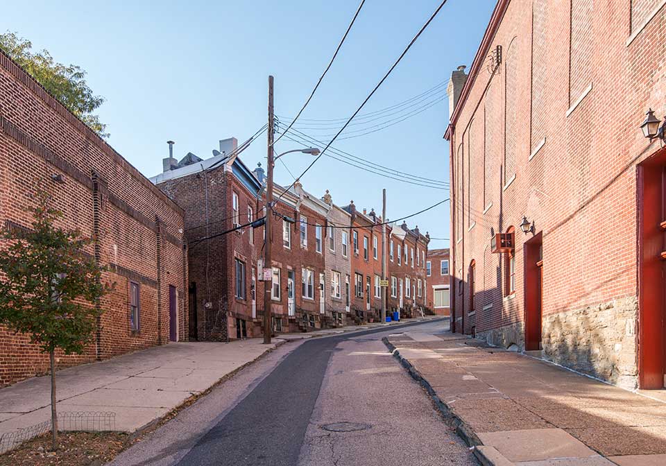Alley with row houses in East Falls, Philadelphia, PA