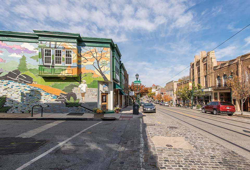 Street with mural in Mt. Airy, Philadelphia, PA