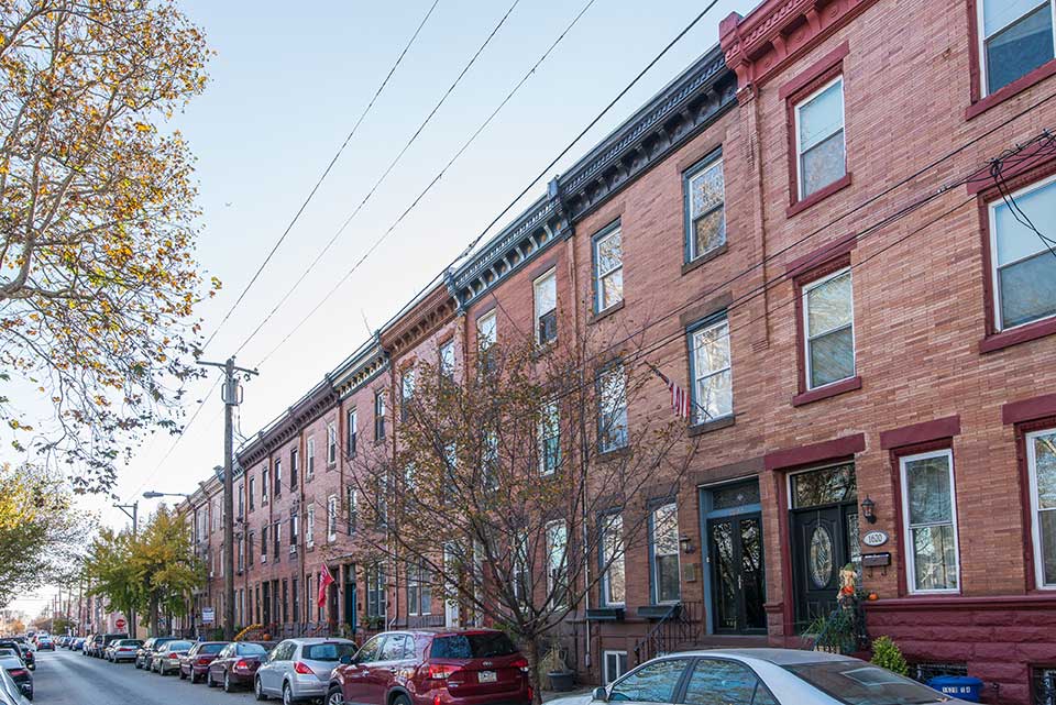 Residential street row houses in Pennsport, Philadelphia, PA